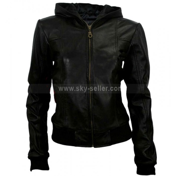 Black Hoodie Style Leather Jacket For Women